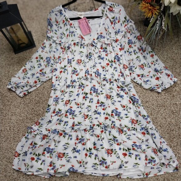 3765 Size XXL Good Heart Lined Tunic Dress in Red and Blue floral Print. - Picture 1 of 10